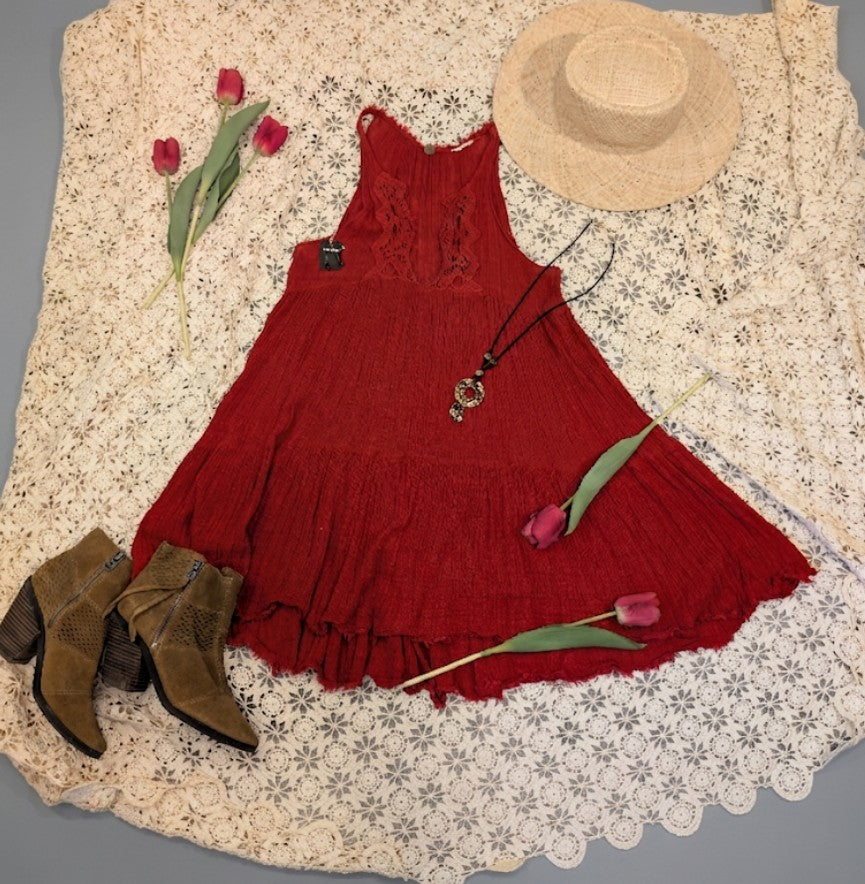 Free People "Birds of a Feather" Embroidered Mini Dress – Crimson Red