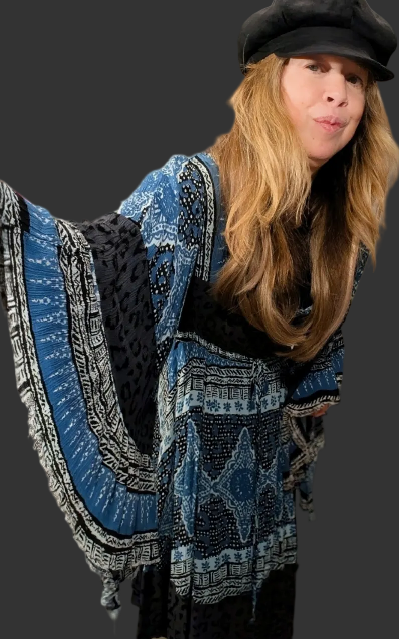 Free People Heart of Gold Mini Dress – Blue & Grey Floral Paisley Boho Tunic