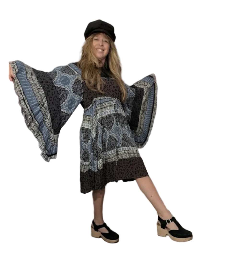 Free People Heart of Gold Mini Dress – Blue & Grey Floral Paisley Boho Tunic