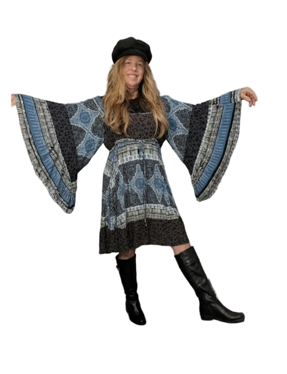 Free People Heart of Gold Mini Dress – Blue & Grey Floral Paisley Boho Tunic