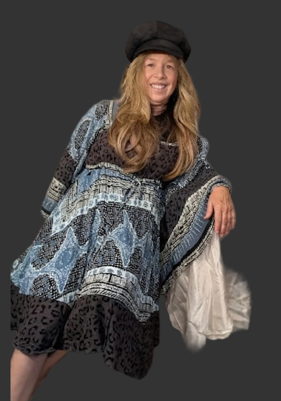 Free People Heart of Gold Mini Dress – Blue & Grey Floral Paisley Boho Tunic