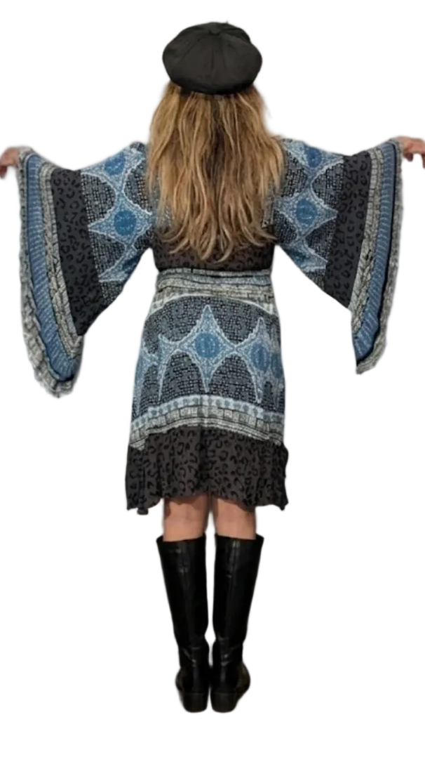 Free People Heart of Gold Mini Dress – Blue & Grey Floral Paisley Boho Tunic