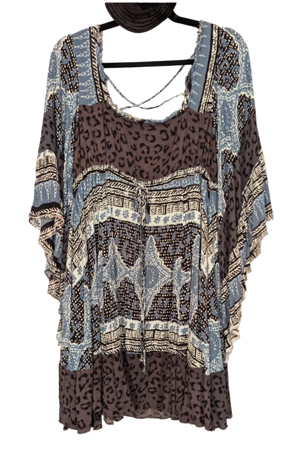 Free People Heart of Gold Mini Dress – Blue & Grey Floral Paisley Boho Tunic