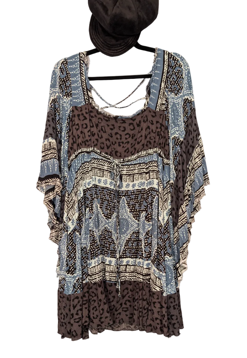 Free People Heart of Gold Mini Dress – Blue & Grey Floral Paisley Boho Tunic