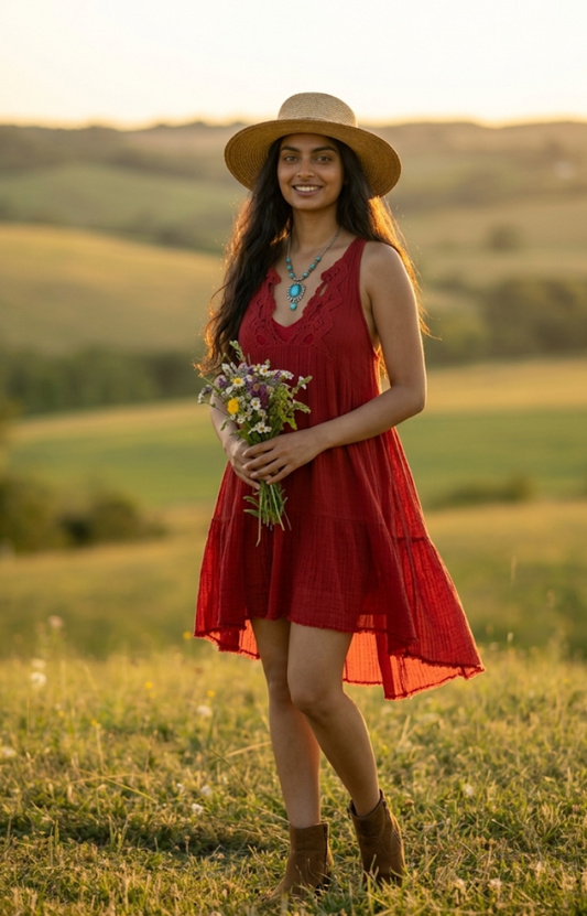 Free People "Birds of a Feather" Embroidered Mini Dress – Crimson Red