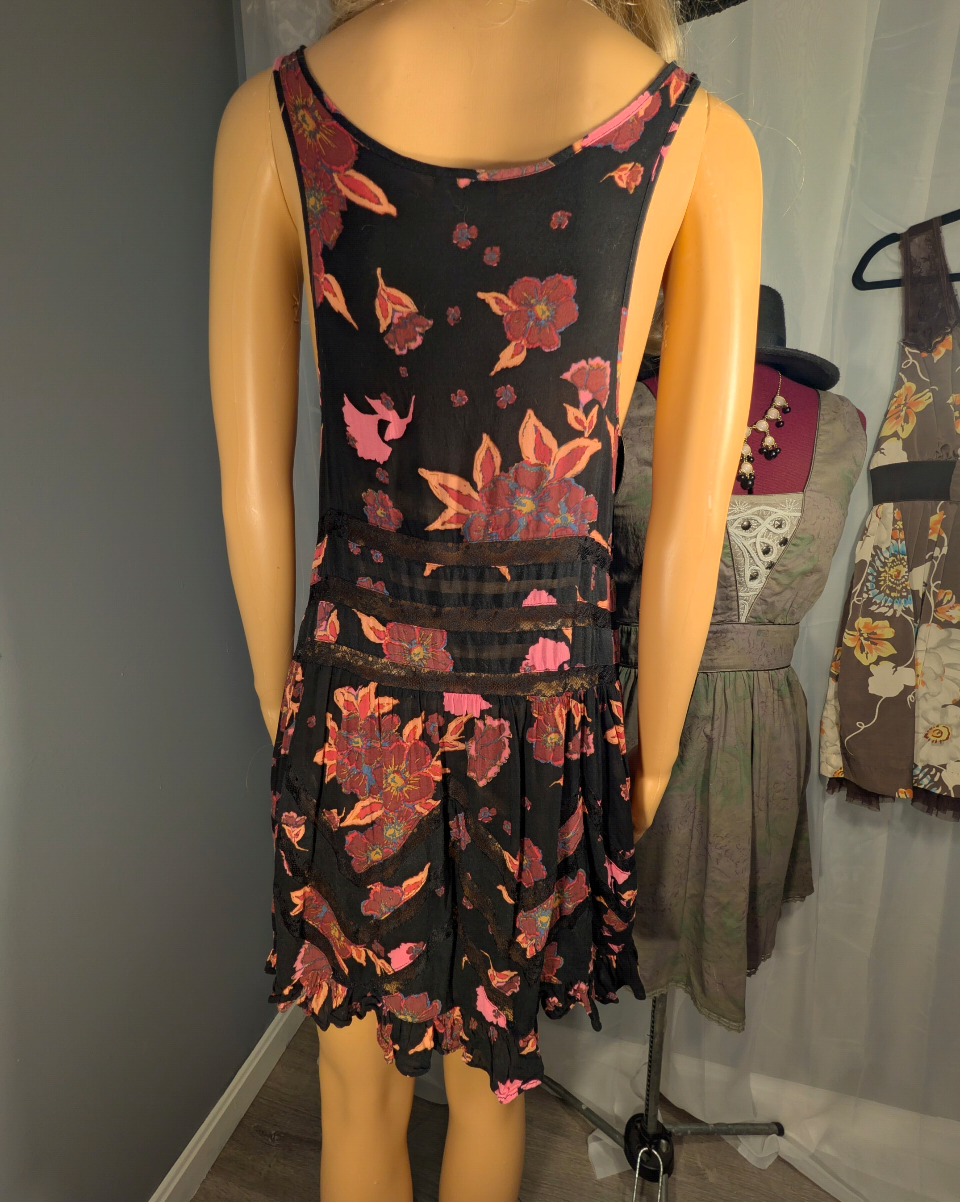 Free People Voile and Lace Trapeze Slip Dress in Onyx Floral Colorway