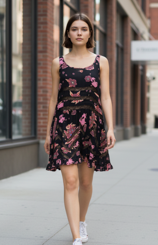 Free People Voile and Lace Trapeze Slip Dress in Onyx Floral Colorway