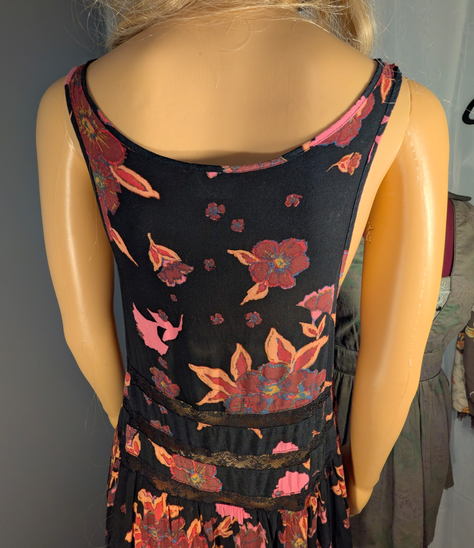 Free People Voile and Lace Trapeze Slip Dress in Onyx Floral Colorway