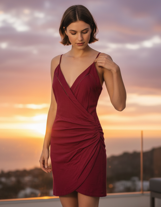 Free People Faux-Wrap Mini Dress in Wine