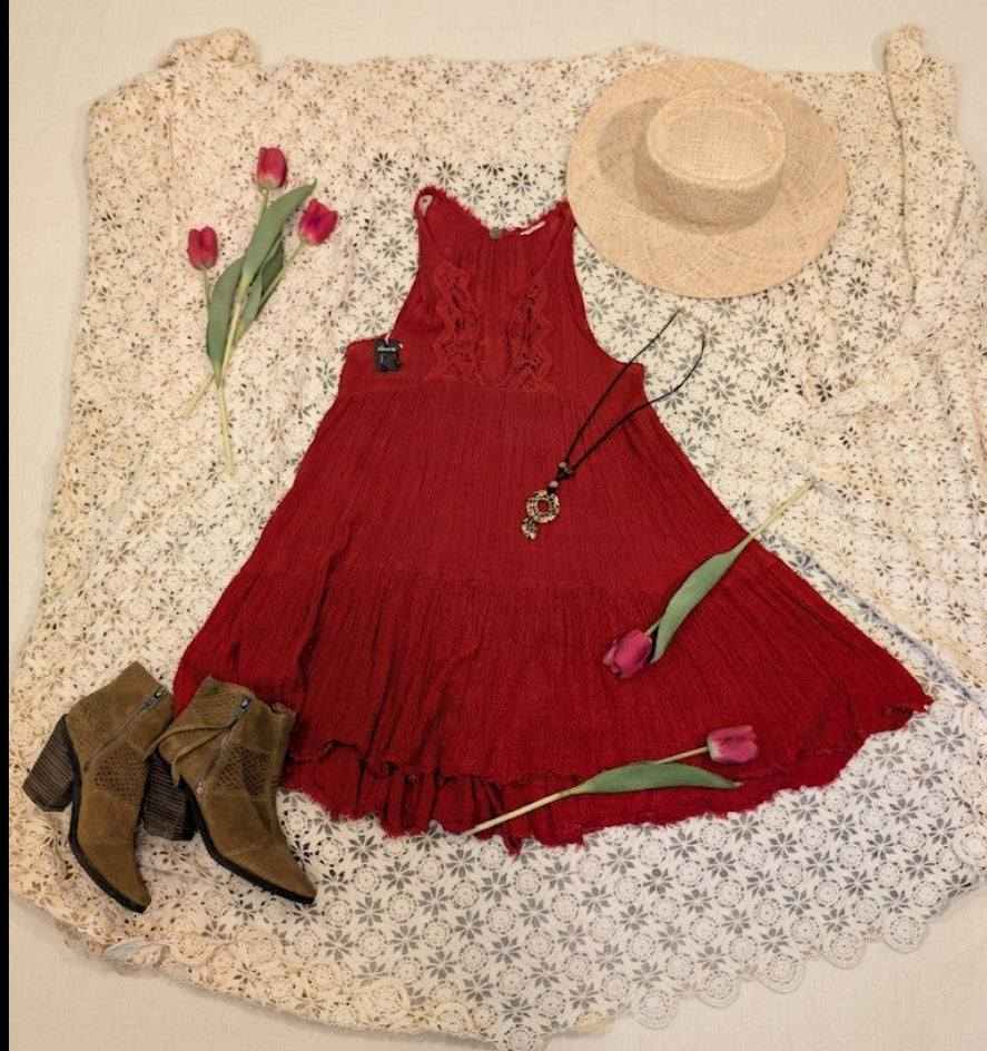 Free People "Birds of a Feather" Embroidered Mini Dress – Crimson Red