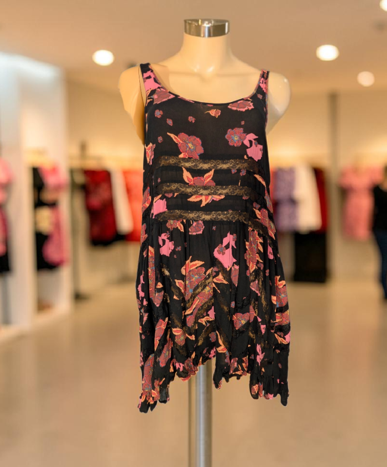 Free People Voile and Lace Trapeze Slip Dress in Onyx Floral Colorway