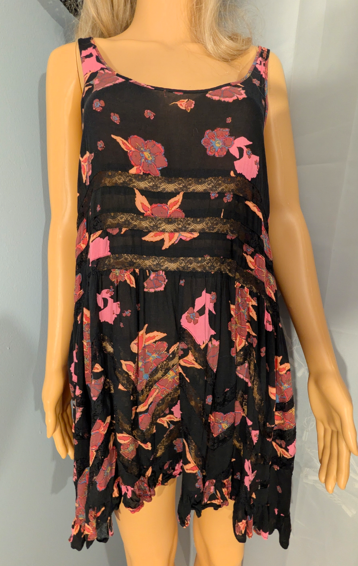 Free People Voile and Lace Trapeze Slip Dress in Onyx Floral Colorway