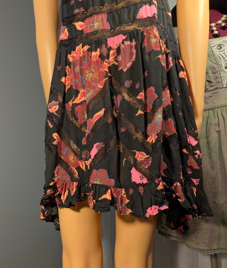 Free People Voile and Lace Trapeze Slip Dress in Onyx Floral Colorway