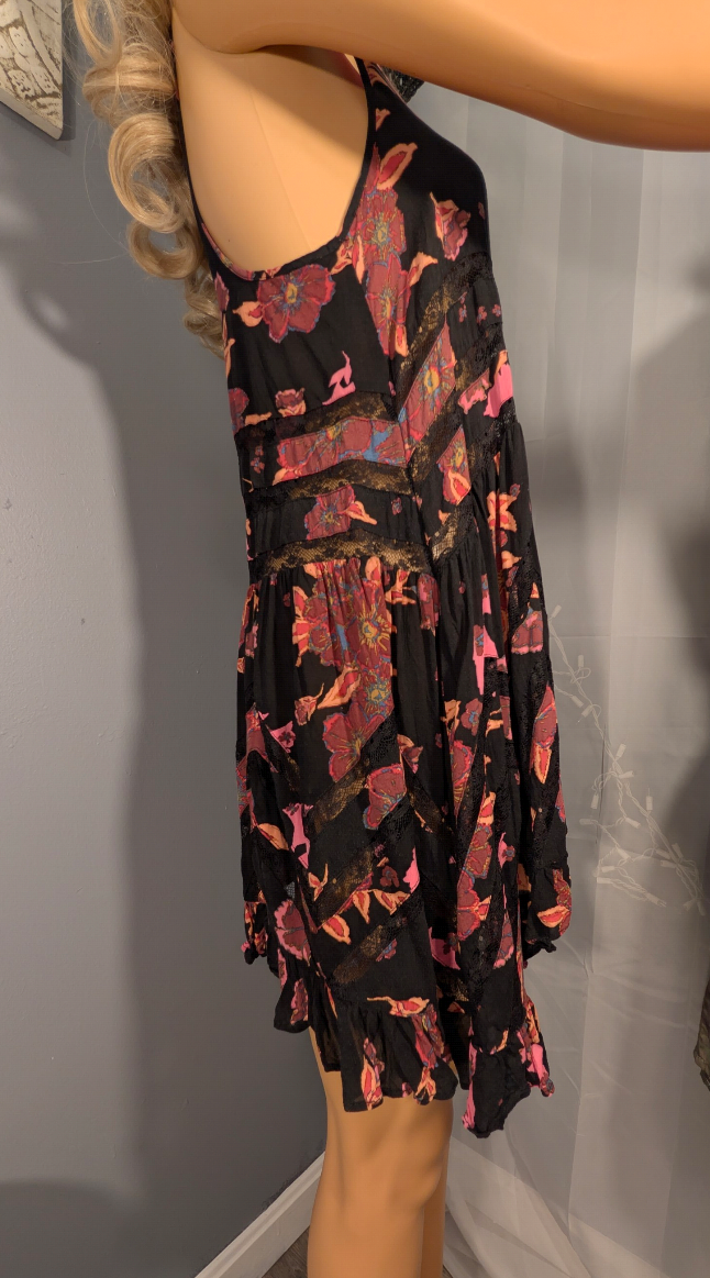 Free People Voile and Lace Trapeze Slip Dress in Onyx Floral Colorway