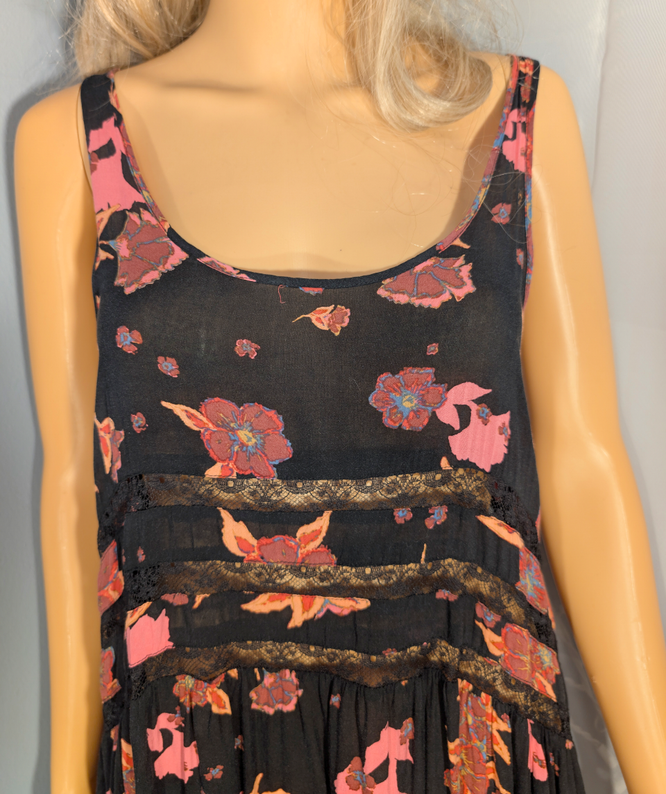 Free People Voile and Lace Trapeze Slip Dress in Onyx Floral Colorway