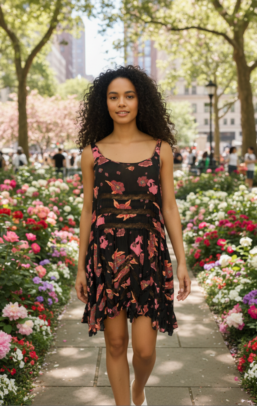 Free People Voile and Lace Trapeze Slip Dress in Onyx Floral Colorway